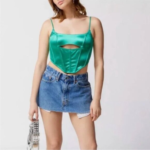 Urban Outfitters | Spitfire Sweettalk Cut Out Corset New Medium Green Satin Sexy - Picture 1 of 8